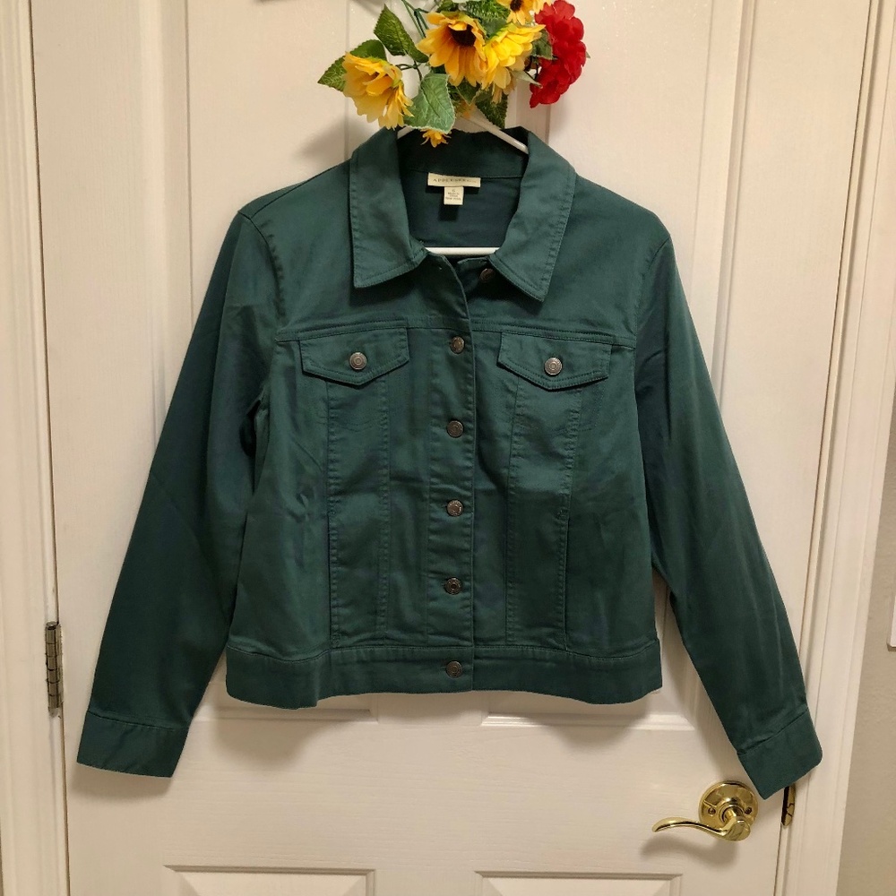 NWOT - Bottle Green Denim Jacket with Banded Bottom